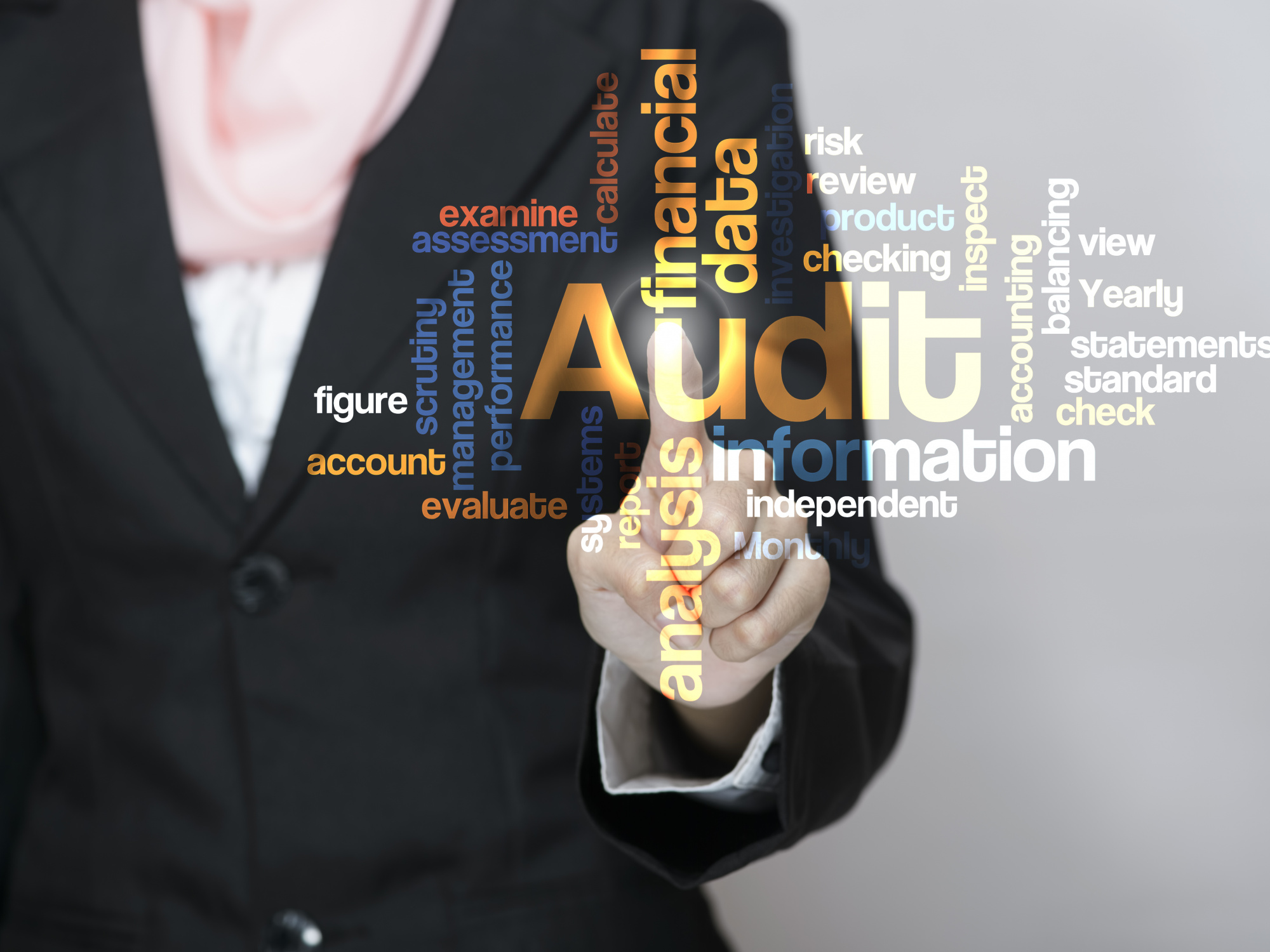 word cloud of various terms including "audit" (largest), "information", "analysis", "account", and other related terms